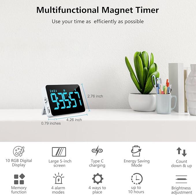 Samshow Rechargeable Digital Kitchen Timer, 2 Packs, Color Change | 10 Dynamic RGB Color, Countdown/Up, 3 Brightness 4 Volume Adjustable, Magnetic, 5" LED Display, For Classroom/Home/Classroom