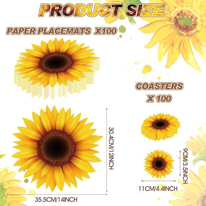 Geosar 200 Sunflower Placemats with Coasters Set, Disposable Paper Placemats and Coasters for Sunflower Table Decoration Outdoor Indoor for Summer Dining Table Decoration Wedding Shower Birthday