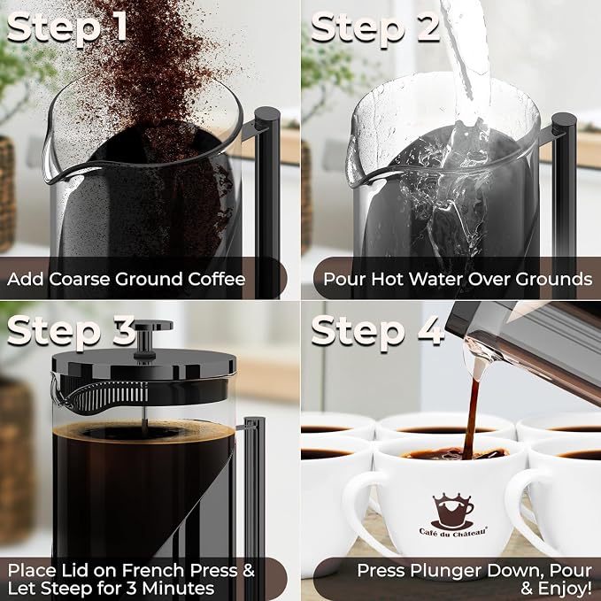 Cafe Du Chateau Stainless Steel French Press Coffee Maker 34 oz - Easy to Use Insulated Coffee Press with 4-Level Filtration, Manual Brewer for Tea, Camping & Travel with BPA Free, Durable Clear Glass