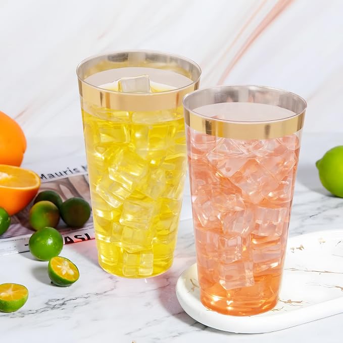 I00000 16 oz Gold Plastic Cups, 100 Pack Clear Plastic Cups Tumblers Gold Rimmed Cup, Heavy-duty Disposable Cup Perfect for Wedding & Party