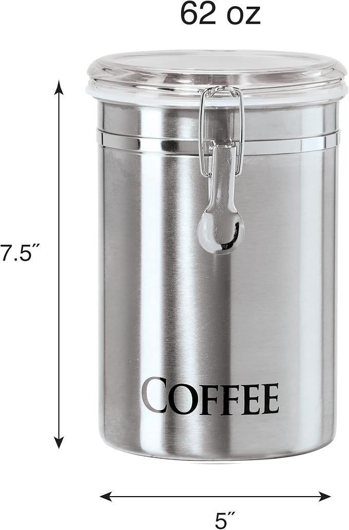 OGGI Stainless Steel Canister 62oz - Airtight Clamp Lid, Clear See-Thru Top. Large Size 5" x 7.5" & Jumbo 8" Stainless Steel Flour Clamp Canister - Airtight Food Storage Container Ideal, Dry Foods