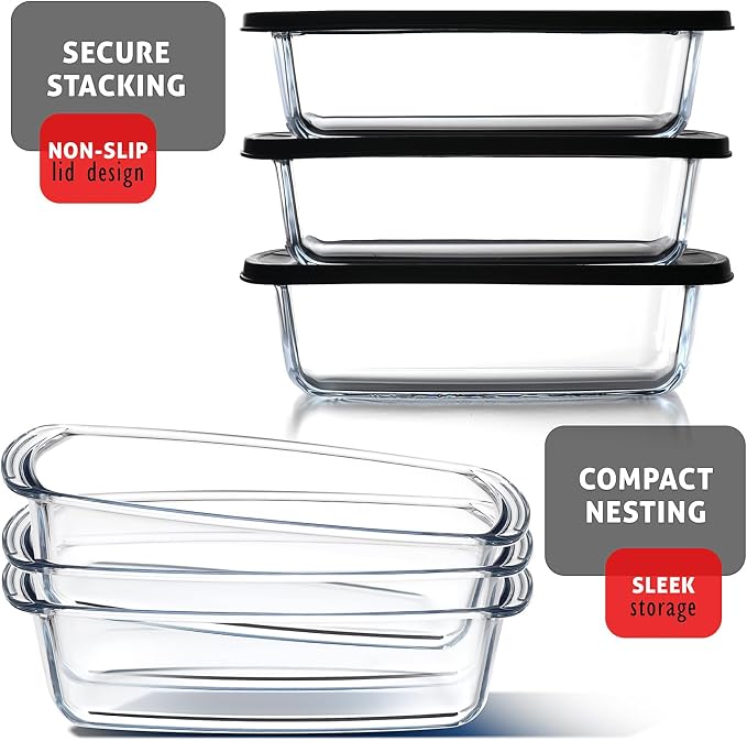EATEX Glass Bread Pans for Homemade Bread Baking, 1.9 Qt Deep Glass Food Storage Containers with Lids, 3 Bread Loaf Pans 3 Airtight Lids