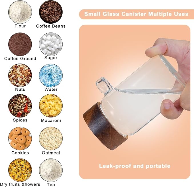 8oz Small Glass Spice Jar with Spoon Airtight Screw Wood Lid Clear Sugar Herb Container Food Storage Canisters Bottle for Seasoning Coffee Ground Bean Kitchen Tea Overnight Oats Bar(2×250ml(8.4oz))