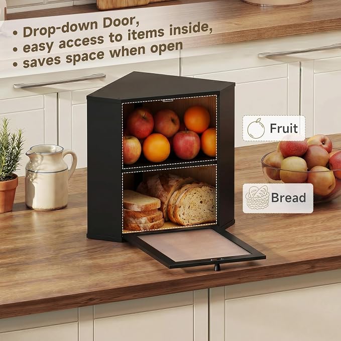 Bread Box for Kitchen Corner Countertop,Large Bread Basket (Black, X-Large) | Double Layer Bamboo Bread Storage Container for Kitchen Countertop,Height Adjustable