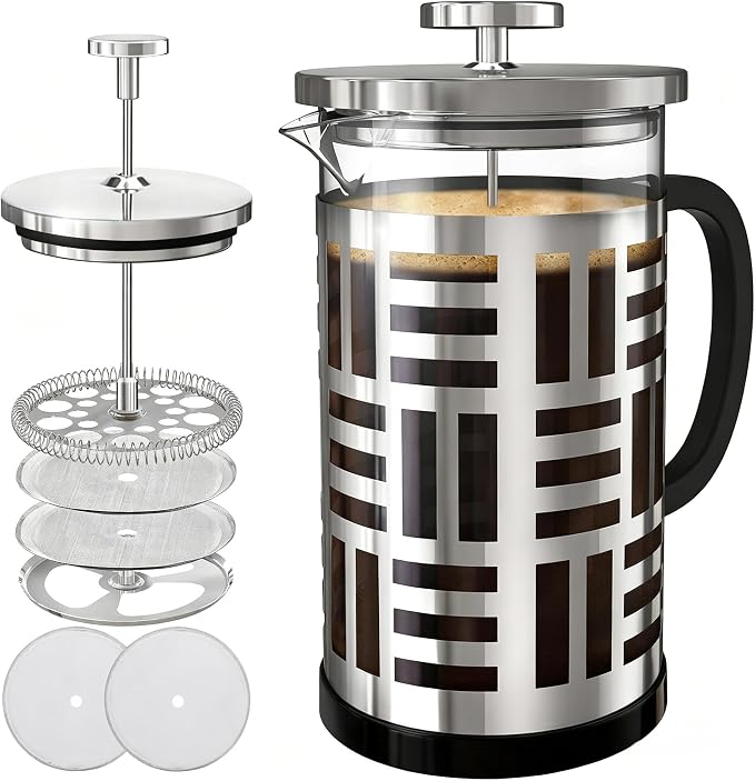 French Press Coffee Maker 34 oz, Glass Coffee Press Plastic-Free Brewer | Thickened Glass Stainless Steel, for Coffee, Cold Brew,Tea & Cocoa, With Extra Filter