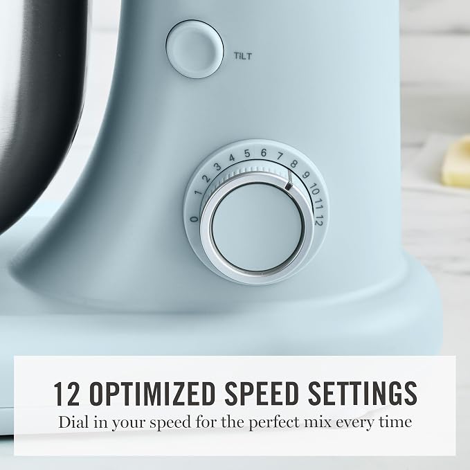 Martha Stewart 5.3QT Tilt Head Stand Mixer, 12 Speeds, Stainless Steel Bowl | Dough Hook, Stainless Whisk, Beater, Removable Splash Shield, Bread, Cake & Whipping, Electric Kitchen Mixer, Sky Blue
