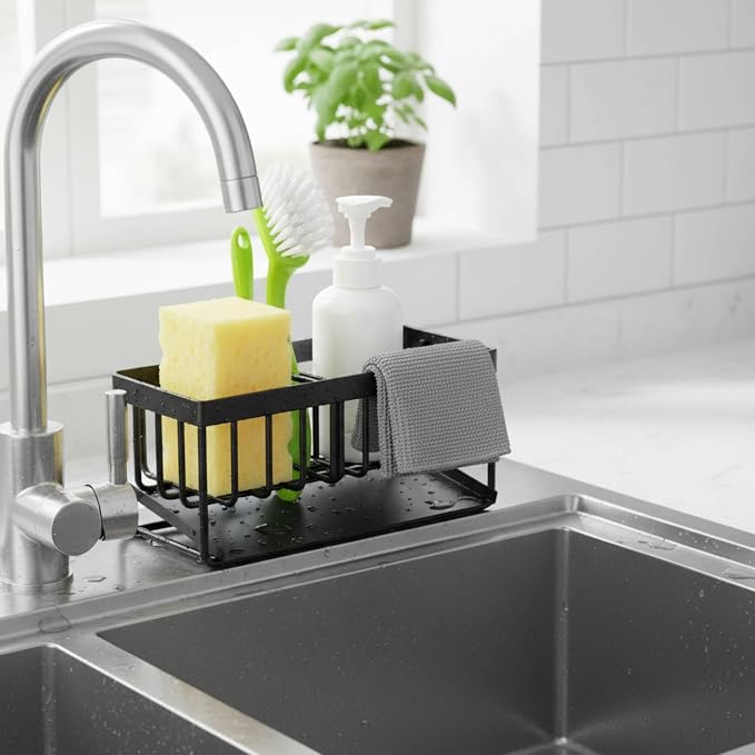 18/8 Stainless Steel Sink Caddy Sponge Holder for Kitchen | Self Drain Tray, Soap holder with Divider (Black)