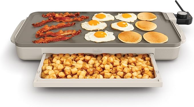 bella 10"x20" Ceramic Griddle with Warming Tray, 1500W Non-Toxic, Oatmilk