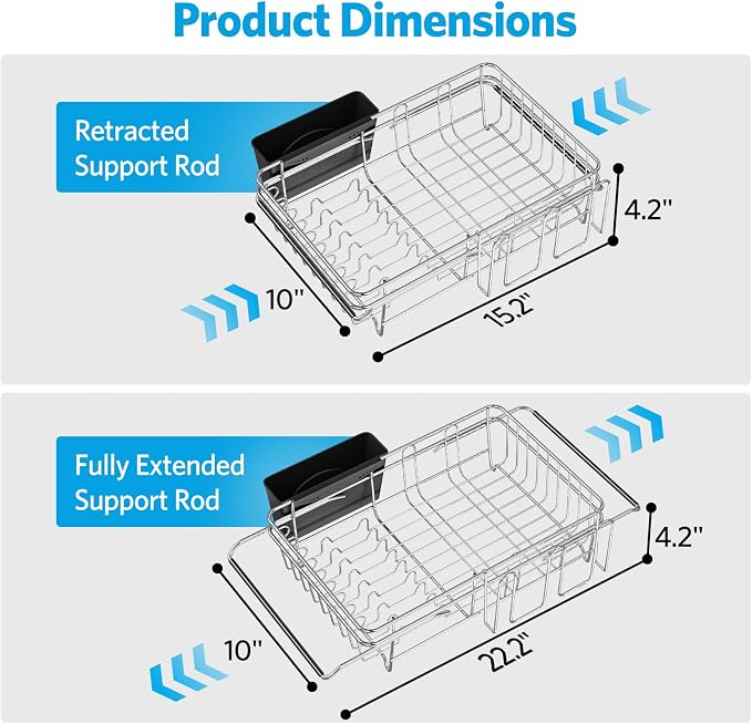 Delamu Over The Sink Dish Drying Rack for Small Kitchen | Expandable Stainless Steel Dish Rack in Sink, Dish Drainers for Kitchen Sink with Cup & Utensil Holder, Rustproof, Small