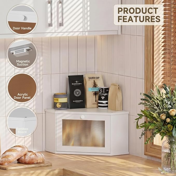 Corner Bread Box For Kitchen Countertop,Bread Storage Bin (White, Medium) | Small Bamboo Bread Container,Corner Shelf For Kitchen Decor