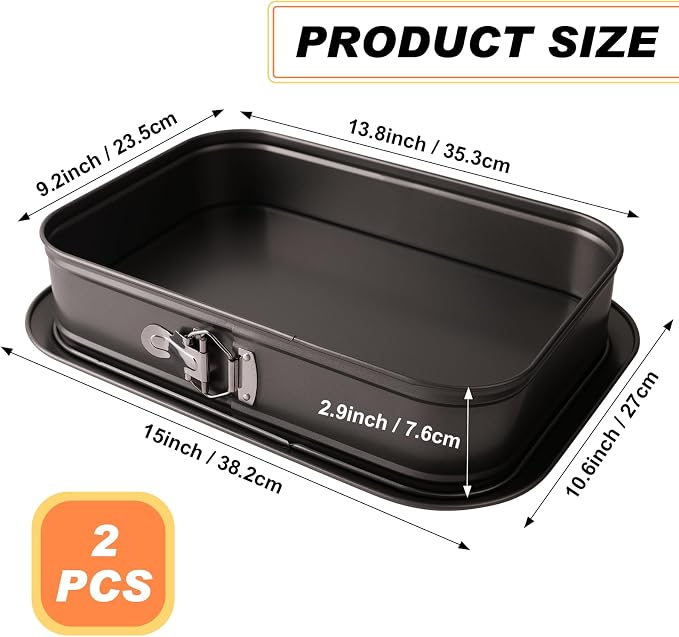 2PCS Rectangle Springform Pan for Baking, 14 x 9 Inch Non-Stick Carbon Steel Cheesecake Pan with Removable Bottom, Large Rectangular Cake Pan for Tiramisu, Lasagna and Party Cakes