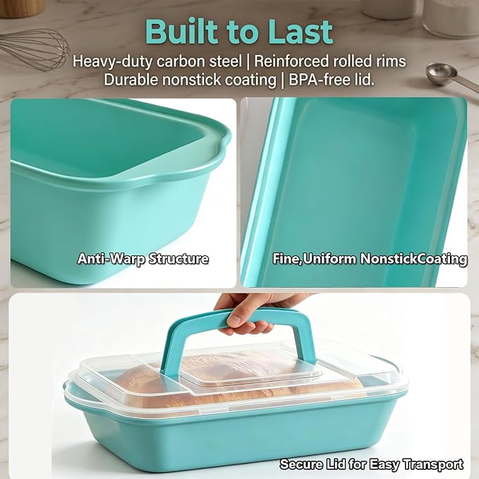 2 Pack 9x5 Inch Loaf Pan with Lid, Nonstick Bread Pans for Baking | Bake, Store & Carry, Heavy Duty Carbon Steel, Perfect for Banana Bread, Homemade Bread & Meatloaf, PFOA-Free