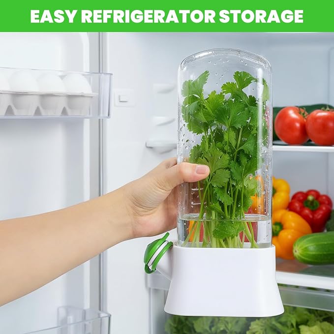 2 Pcs Refrigerator Fresh Green Keeper for Cilantro, Parsley, Asparagus – White Round Pod Container with Silicone Seal, 10.6 x 5.12 x 2.87 Inches, Keeps Greens Fresh Up to 3 Weeks