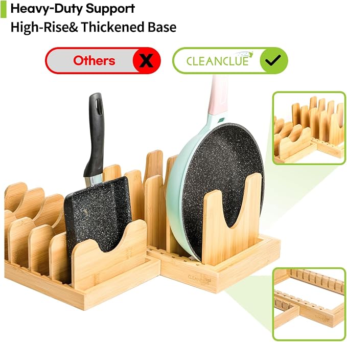 Pots and Pans Organizer under Cabinet Expandable Bamboo Pot Lid Holder Rack | Adjustable bakeware organizer, cutting board organizer, cookie sheet, baking pan, tray organizer for kitchen cabinet storage