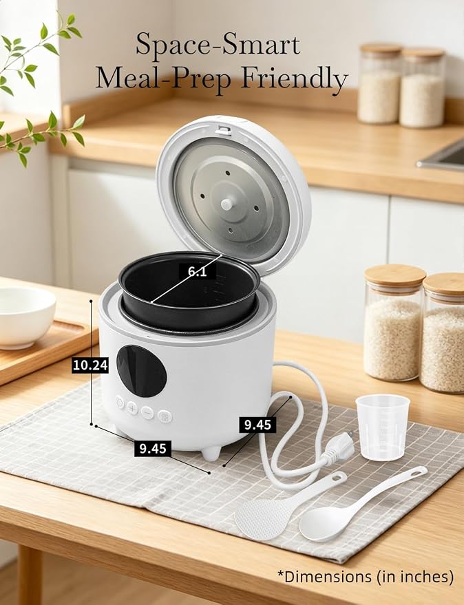 Small Rice Cooker, 3-Cups Uncooked/ 6-Cups Cooked, White | Multifunctional 6 Intelligent Cooking Modes for White Rice, Quinoa, Oatmeal, 1.6L Capacity