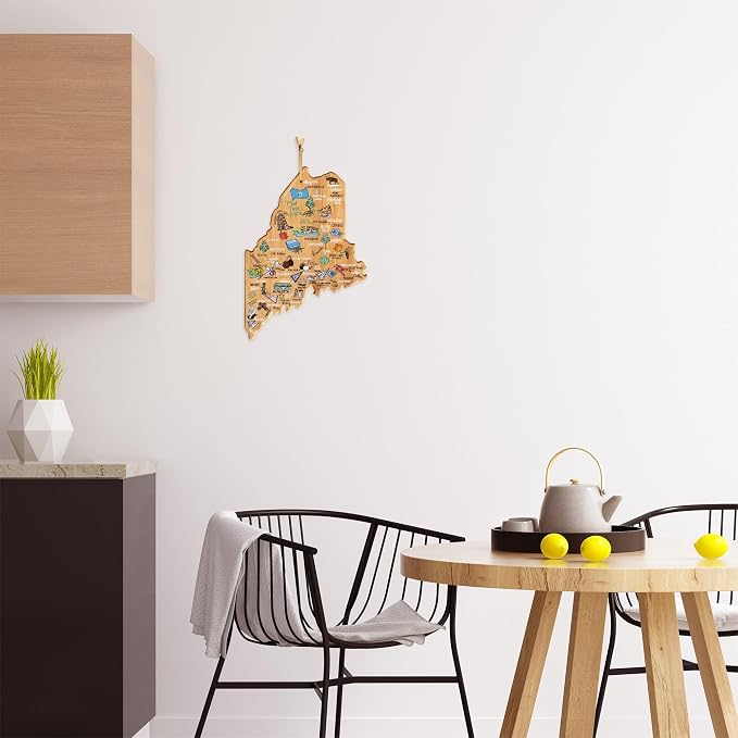 Totally Bamboo Maine State State Shaped Cutting Board, Art by Fish Kiss | State charcuterie board with colorful hand-drawn map artwork. Smooth reverse side for food prep. Hang tie for wall display.