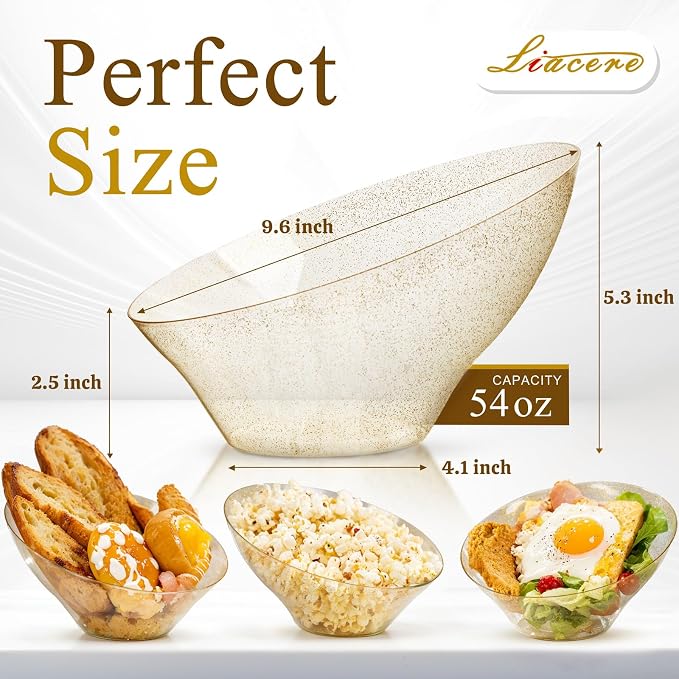 16PCS Gold Plastic Serving Bowls - 54 OZ Angled Table Salad and Fruit Bowls Disposable for Chip & Candy - Ideal for Party & New Year