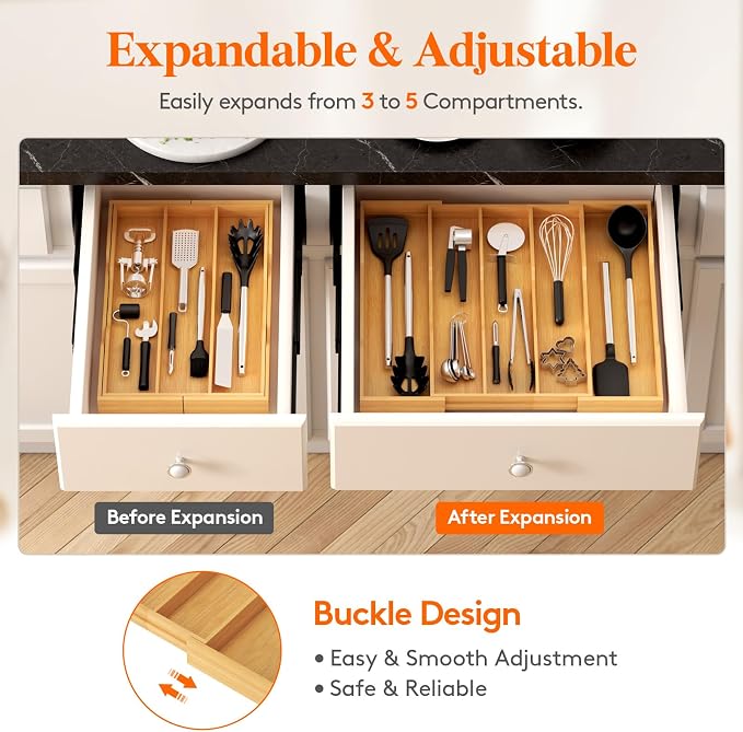 Lifewit Utensil Drawer Organizer, Expandable Kitchen Tool Tray | Wood Adjustable Flatware and Spatula Storage Divider, 11-19.7 x 17 x 1.8“, Natural