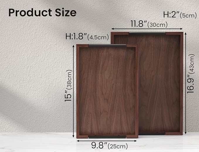 Fibogollo Set of 2 Walnut Wood Serving Trays with Metal Handles | Ottoman Decorative Trays Platter for Coffee Table,Living Room,Bar,Party,Holiday Hosting and Outdoor Entertaining