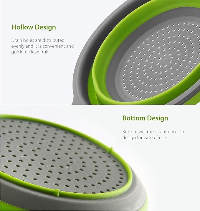 Foldable Silicone Strainer Colanders with Handles, Green and Red, 2 Pack | Collapsible Colanders, Space-Saver Folding Strainer, for Draining Pasta, Vegetable