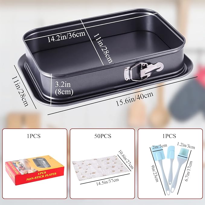 Kenond Large Springform Cake Pan, 14 x 11-Inch Rectangle Cheesecake Pan | Non-Stick Baking Pan Mold Leakproof, Tiramisu Bakeware with 50Pcs Wax Paper, 3Pcs Spatula Set