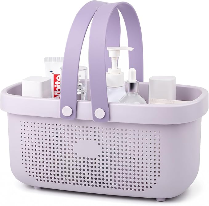 Portable Shower Caddy Basket with Handles Plastic Storage Basket ‌Purple | Sturdy Drainage Large Capacity Organizer Basket with Silicone Handles for Bathroom Kitchen Bedroom College Dorm Essentials