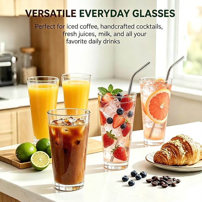 QAPPDA 16oz Highball Glasses Set of 6, Thick Clear Tall Drinking Glasses | Dishwasher Safe Water Glassware For Bar, Juice, Beer, Iced Tea, Everyday Cordial Bar Glasses Drinkware