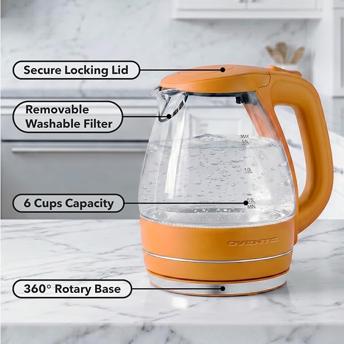OVENTE 1.5L Glass Electric Kettle Water Boiler, Orange KG83O | 1100W Fast Boiling, Borosilicate Glass, BPA-Free, Blue LED, Auto Shut-Off, Boil-Dry Protection, Removable Filter, 360° Base