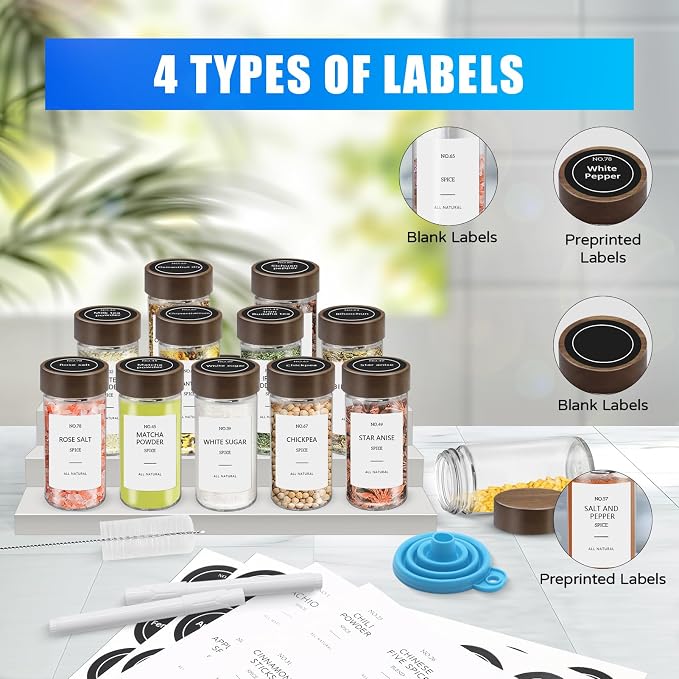 VIBRATITE 48 Pack 4 oz Round Glass Spice Jars with Acacia Lids and Labels | Shaker Lids, Pen, Funnel, Brush Included, Airtight Storage, Quick Identification, Seasoning Prep, Kitchen Pantry Organization