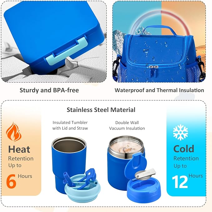 Lunch Box Set with Bento Box Container, 17OZ Stainless Steel Food Soup Thermo, Kids Water Bottle & Portable Insulated Lunch Bag – Leakproof, Hot/Cold Retention for School, Travel(Blue)