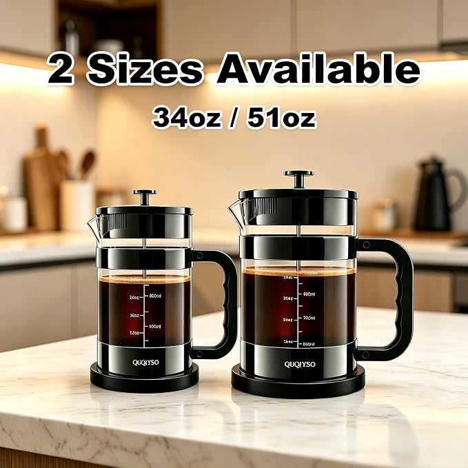 QUQIYSO French Press Coffee Maker 51oz, Large French Press, Thickened Glass | Borosilicate Glass Plastic Free Coffee Maker, Easy to Clean,4 Filter, Coffee Press Suitable for Kitchen Party(Dark Pewter)