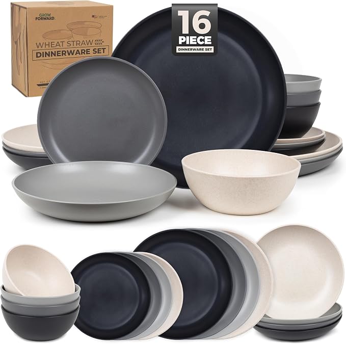 Grow Forward 16-piece Premium Wheat Straw Dinnerware Sets for 4 - Unbreakable Dishwasher & Microwave Safe Plastic Plates and Bowls Sets - Patio, Outdoors, RV, Camping Dishes - Moonlight
