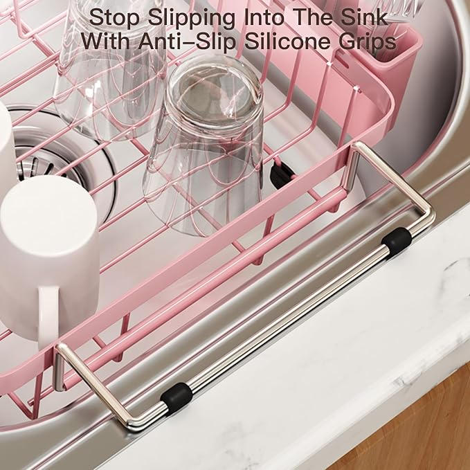 Pink Dish Drying Rack Over The Sink with Utensil Holder | Expandable Stainless Steel Dish Drainer for Small Kitchen, Apartment, RV, Counter Space Saving, Perfect Fit, Rustproof