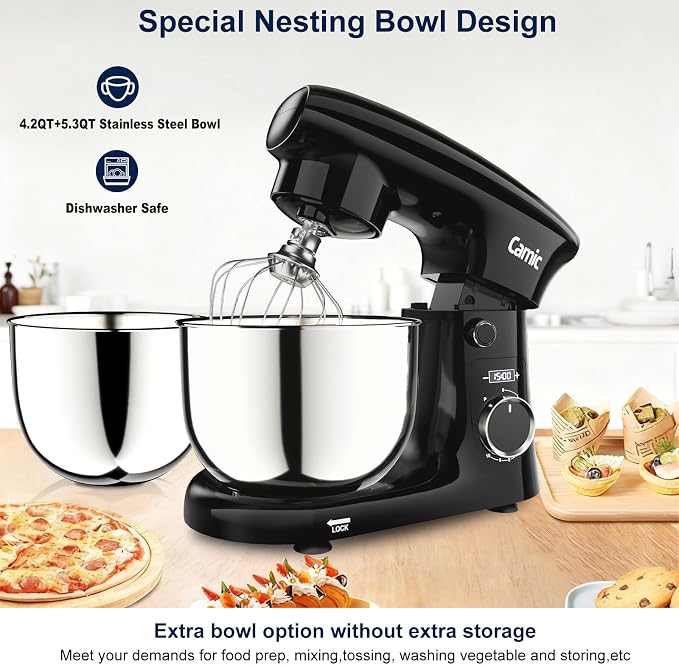Camic Stand Mixer, 4.2QT+5.3QT Two bowls Electric Food Mixer, 10 Speeds with Digital setting 3-IN-1 Kitchen Mixer for Baking Cakes Cookie Bread Salad with Egg Whisk,Dough Hook,Flat Beater