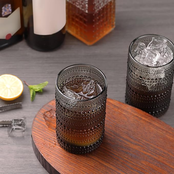 Moretoes 15oz Gray Hobnail Drinking Glasses Set of 6 | Vintage Highball Glass Cups, Kitchen Drinkware Glassware for Beer,Cocktail,Whiskey,Juice and Various Mixed Drinks