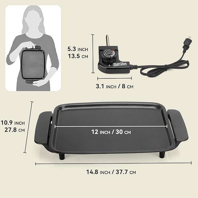 AshGlen Small Electric Griddle Nonstick, Griddle Pan Electric, Parrilla Eléctrica Para Cocinar, 12-Inch Ceramic Coating Pancake Griddle Electric, Indoor Griddle Grill Electric, PFOA Free, Graphite