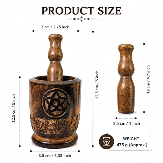 Handcrafted Wooden Mortar and Pestle Set, 7 Inch, Solid Wood Spice Grinder, Decorative Carved Herb Crusher for Kitchen, Seasonings, Garlic and Dry Ingredients
