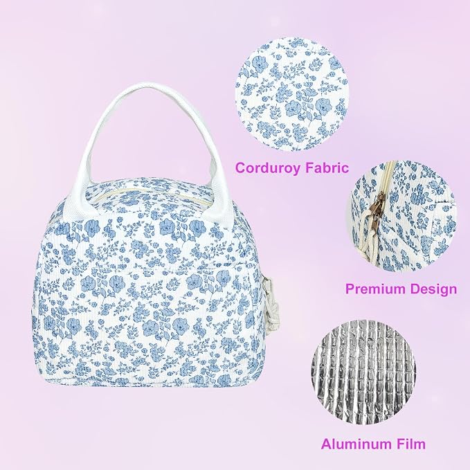 Lunch Box for Women, Reusable Insulated Lunch Box Floral Tote Bags Corduroy Totes for Women Office Work Travel Picnic