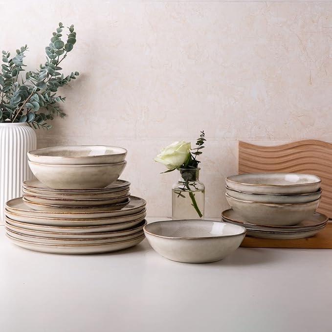 AmorArc Ceramic Dinnerware Sets for 6, 18Pcs Plates and Bowls Sets Dishes | Stoneware Handmade Reactive Glaze Dinner Set, Highly Scratch Resistant | Dishwasher & Microwave Safe Dishware-Cappuccino