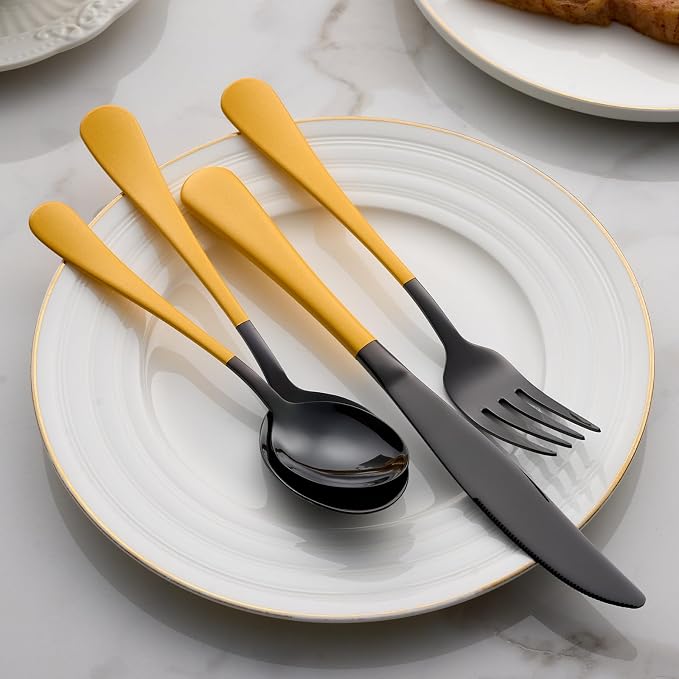 20-Piece Yellow Silverware Set 18/0 Stainless Steel Black Silverware Set Yellow Handle Cutlery Black Set Service for 4 Dinner Knives Forks Spoons Set Flatware Set Finish Dishwasher Safe