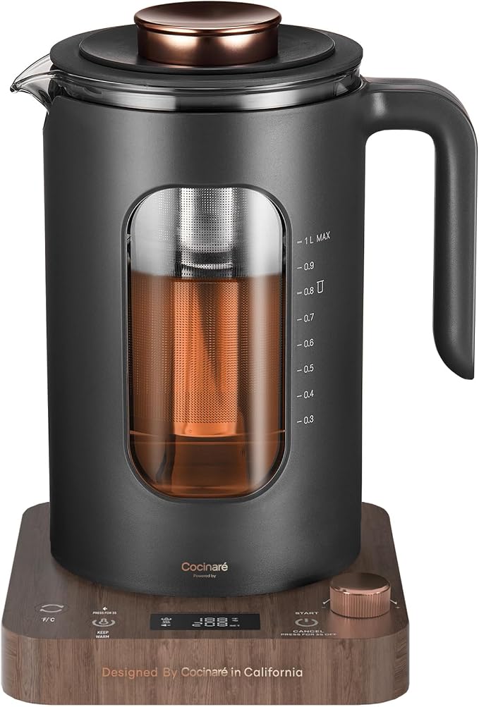 INTASTING Electric Tea Kettle with Infuser, 1℉ Temperature Control, 1 Liter | 1200W Fast Heating, BPA-Free Glass, Easy to Clean, Keep-warm, Auto shut-off, Wood