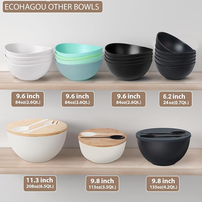 12.6" Extra Large Salad Serving Bowl Set with Wooden Lid&Utensils, 8.4Qt., Bamboo Fiber Salad Bowl with Servers for Kitchen, Big Bowl for Mixing Salad,Fruit,Pasta (Matte Black)