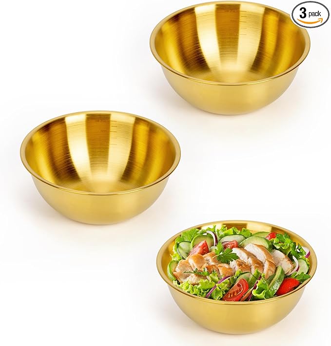 3-Piece Stainless Steel Golden Mixing Bowls (6.3") Metal Bowl with Measurement Marks, Dishwasher Safe & Stackable - Perfect for Baking, Salad Making, Meal Prep