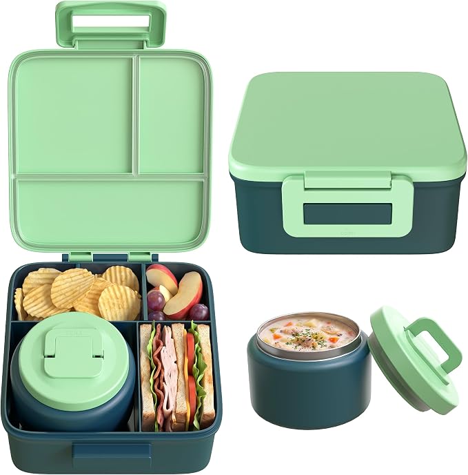 MAISON HUIS Bento Lunch Box with 8oz Soup Thermo, 5-Compartment Leak-Proof Container, Thermo Hot Food Jar and Insulated Lunch Bag, BPA Free,Travel, School (Green)