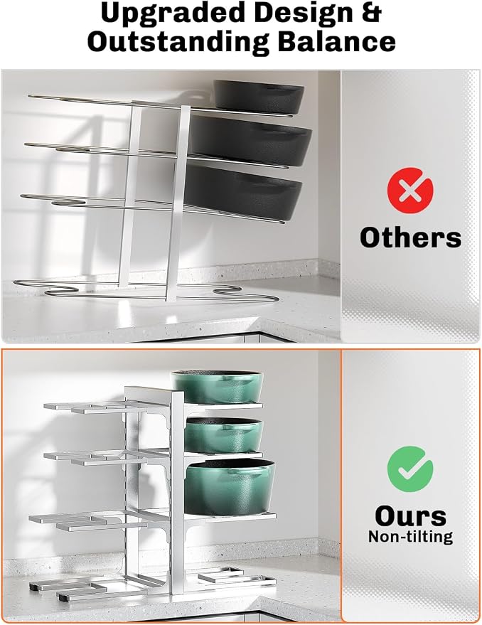 MUDEELA 8-Tier Heavy Duty Pots and Pans Organizer, 15.83" H Sliver | Adjustable pot rack, Holds frying pans and cast iron skillets, Heavy-duty steel. Fits under cabinet, Easy Assembly