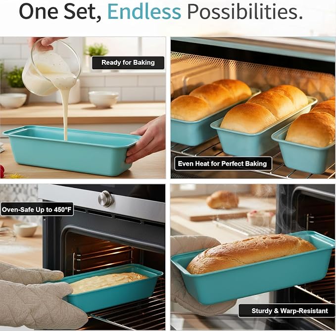 3-Pack 12x4 Long Loaf Pans, Nonstick Carbon Steel Bread Baking Pan | for Sandwich Bread, Homemade Bread, Sourdough, Easy Release, PFOA Free