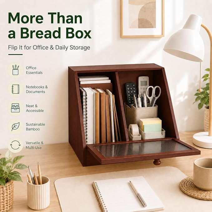BAMBANG Corner Bread Box for Kitchen Countertop, Large Capacity Bamboo Wood Bread Storage Container, 2 Tier Farmhouse Breadbox with Fluted Acrylic Door for Bread, Homemade Bread and Snacks, Brown