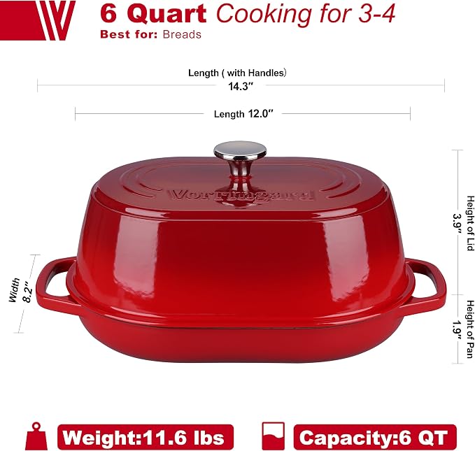 Enameled Cast Iron Dutch Oven Pot with Dome Lid, Oval Bread Oven for Homemade Sourdough Bread Baking, Oven Safe up to 500°F, 6 Quart, Red