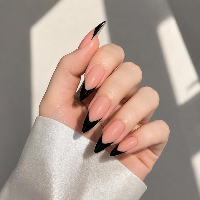 Handmade Press on Nails Glossy Black French Tip Fake Nails with Solid Color Designs Long Stiletto Nail Art Thick Acrylic Stick on Nails for Women 10pcs (M)