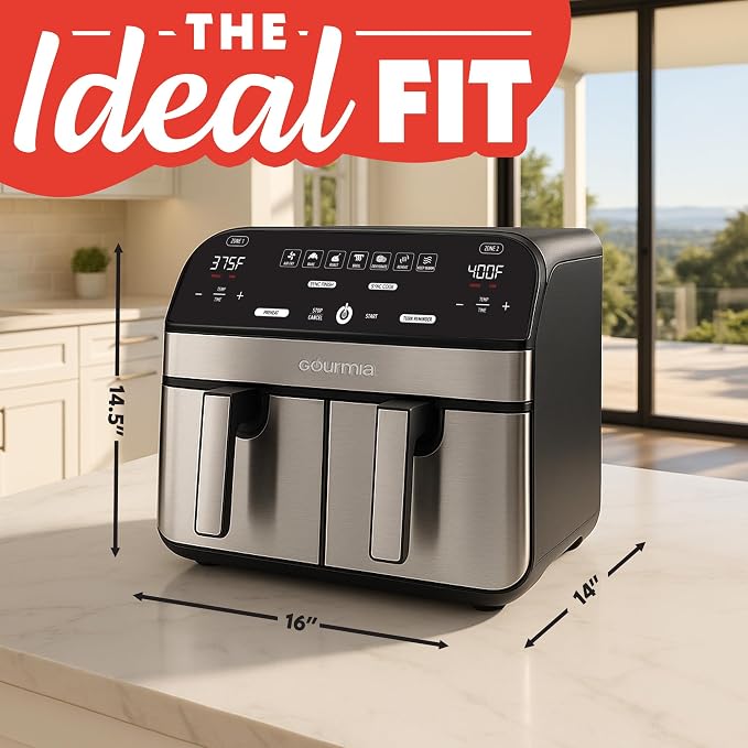Gourmia Dual Basket Air Fryer - 10 Qt Large Capacity, FryForce360º, Digital Display with 7 Presets, Roast, Bake, Broil, Dehydrate, Match Cook, Sync Finish, Dishwasher Safe Accessories, Black